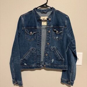 Hollister Dark Blue Distressed Collarless Denim Jacket Size Large